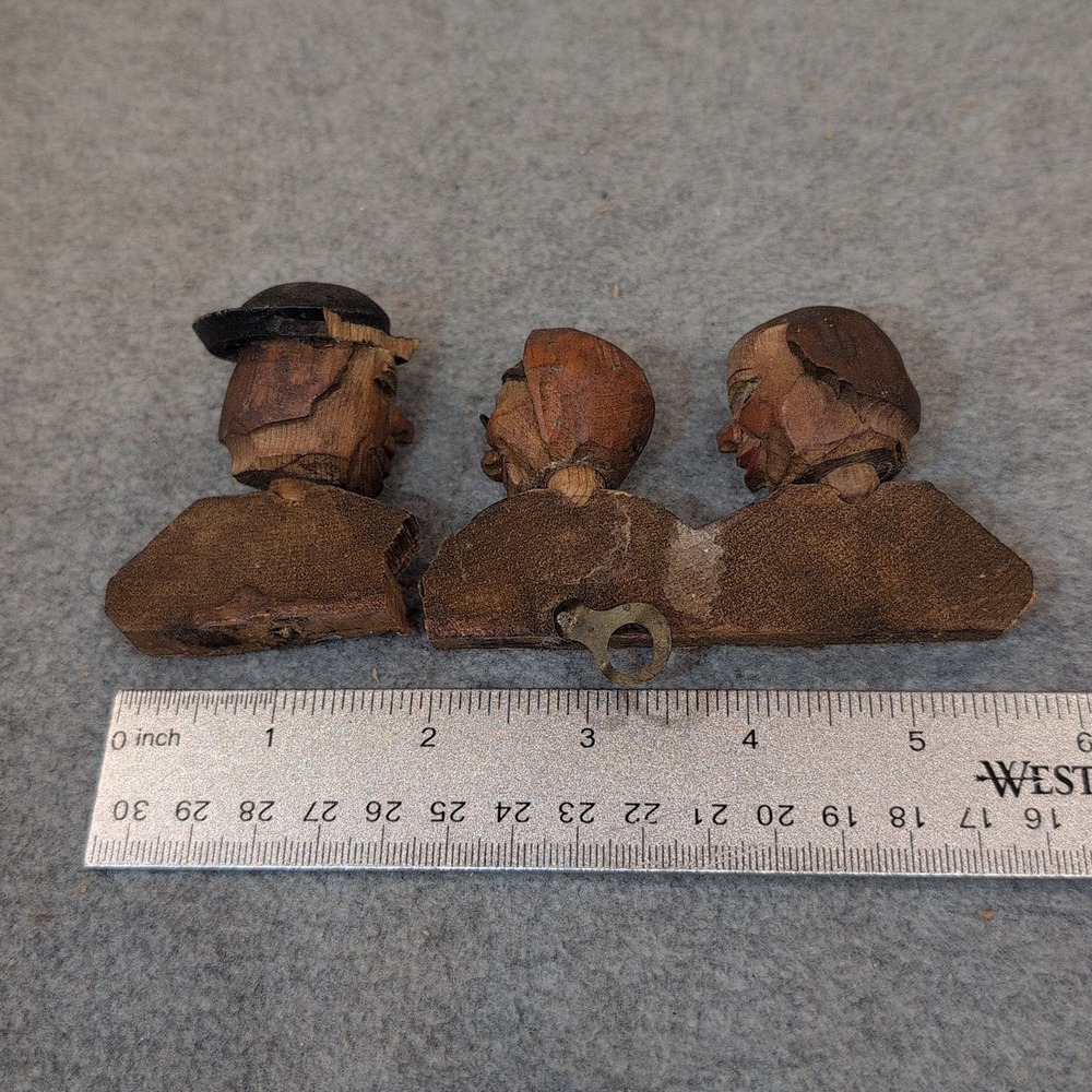 Vintage‎ Hand Carved Wood Folk Art Character Busts Trio Figurine Wall Hanging - Picture 5 of 5